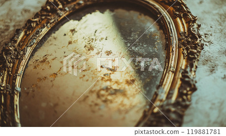 Antique ornate old vintage oval mirror in a beautiful golden frame with gold textured shabby surface. Witchcraft, mysticism, gothic, Halloween concept This is AI-generated item 119881781