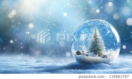 An empty glass transparent ball with Christmas tree inside on it on a blue background. 119881787
