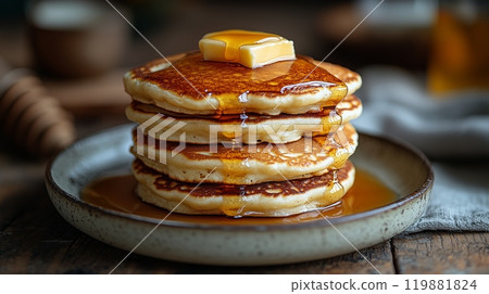 A stack of fluffy pancakes, topped with melted butter and maple syrup. 119881824
