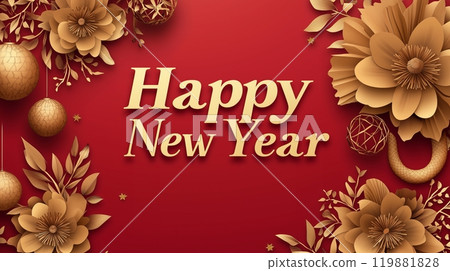 Red background with golden paper cut flowers and lanterns, with text Happy New Year. 119881828