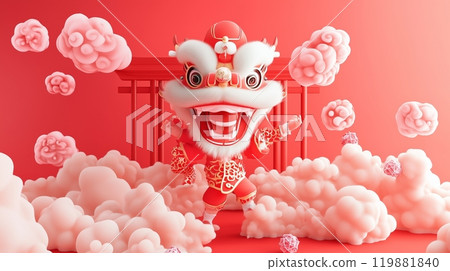 The Chinese dragon, wearing red, stands in the gate of an ancient building, surrounded by clouds. 119881840