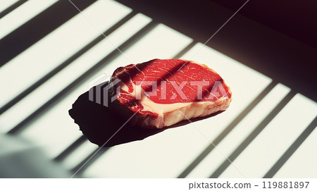 A beef steak, served on an abstract table. 119881897