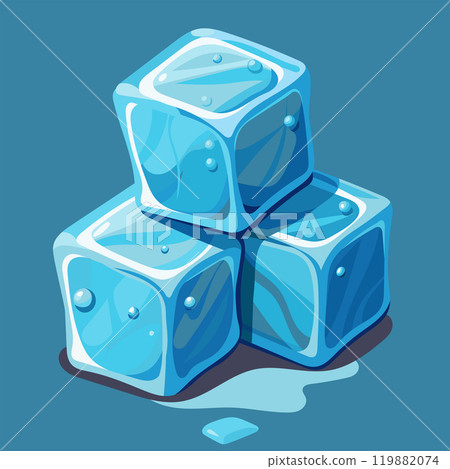 Group of three ice cubes. Melting ice. Vector illustration. Cartoon cold blue crystals isolated on blue background. Ingredient for fresh drinks and cocktails 119882074