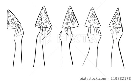 Human Hand with Pizza Slices, Hand Drawn Culinary Gestures on White Background 119882178