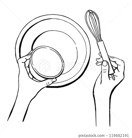 Human Hands Adding Food to a Bowl for Mixing Recipe Ingredients. Outline Sketch Vector Illustration 119882191
