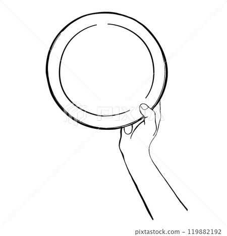 Sketch of Human Hand Holding a Plate. Outline Culinary Gesture Vector Illustration Sketch of Human Hand Holding a Plate. Outline Culinary Gesture Vector Illustration 119882192