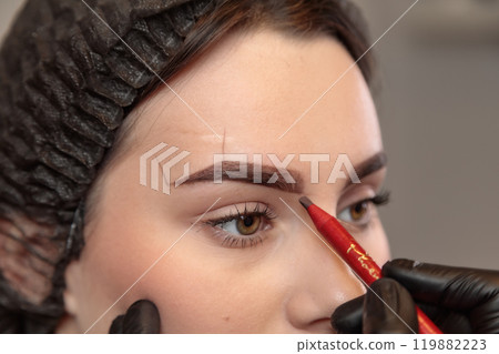Makeup artist applying eyebrow makeup to client in beauty salon 119882223