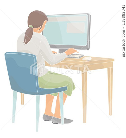 girl sits in a chair at a table working on a computer girl sits in a chair at a table working on a computer 119882343