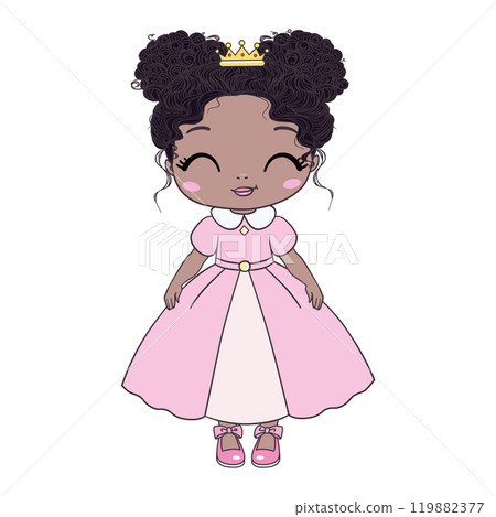 Girl doll is dark-skinned, African, African-American. Dark curly hair, big cute eyes, cartoon style. 119882377