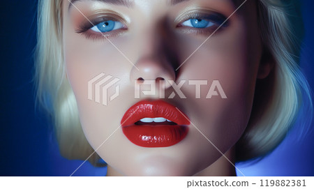 Young blonde woman with red lipstick on her lips Young blonde woman with red lipstick on her lips 119882381