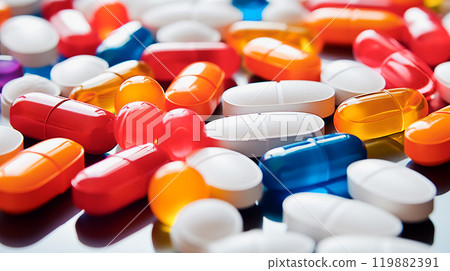 Many different pills and drugs. Health and treatment concept. 119882391
