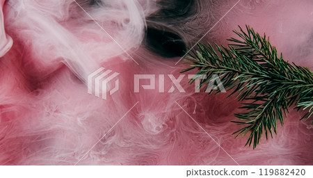Mist pine branch. Vapor nature. Green tree plant in pink color ink water dye haze cloud floating wave spreading on dark black glitter texture abstract background. Mist pine branch. Vapor nature. Green tree plant in pink color ink water dye haze cloud floating wave spreading on dark black glitter texture abstract background. 119882420