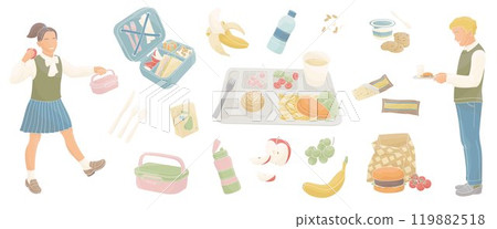 elementary school boy and girl and school nutrition set, food tray, lunchbox, burger, fruits, drinks 119882518