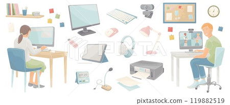 School-age boy and girl sitting at a computer and set elements about online learning - keyboard, printer, camera, microphone, tablet, stylus,screen, mouse computer 119882519