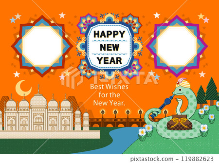 Snake Year Illustration New Year's Card Design "Indian Snake Charmer Snake and Mandala Frame" HAPPY NEW YEAR Snake Year Illustration New Year's Card Design "Indian Snake Charmer Snake and Mandala Frame" HAPPY NEW YEAR 119882623