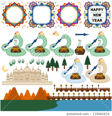 Snake Year Illustration New Year's Card Design Material "Indian Snake Charmer Snake and Mandala Frame" HAPPY NEW YEAR Snake Year Illustration New Year's Card Design Material "Indian Snake Charmer Snake and Mandala Frame" HAPPY NEW YEAR 119882624