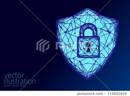 Cyber safety padlock on shield. Internet security lock information privacy low poly polygonal future innovation technology network business concept blue vector illustration Cyber safety padlock on shield. Internet security lock information privacy low poly polygonal future innovation technology network business concept blue vector illustration 119882626