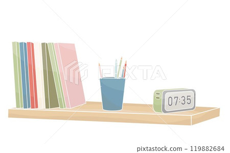 shelf with books and electronic clock shelf with books and electronic clock 119882684