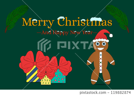 Christmas Greeting with Gingerbread Man and Gifts 119882874