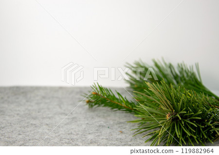 Fresh green pine branches arranged on a soft gray surface, creating a calming winter atmosphere Fresh green pine branches arranged on a soft gray surface, creating a calming winter atmosphere 119882964