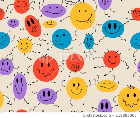 Abstract geometric creatures seamless pattern. Smiling characters. Childrens funny vector illustration. Suitable for printing on fabric and paper. 119883065