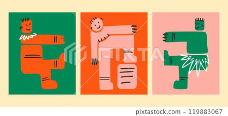 Funny abstract men. Dancing geometric creatures posters. The natives. Vector illustration hand-drawn. Funny abstract men. Dancing geometric creatures posters. The natives. Vector illustration hand-drawn. 119883067