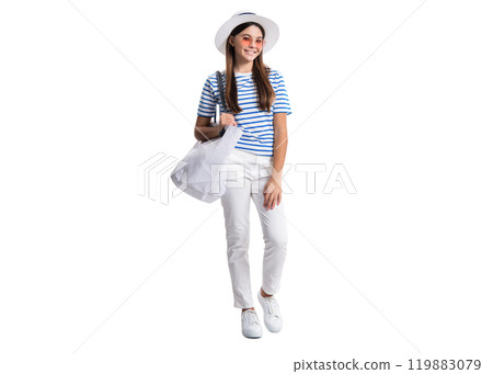 teen girl in marine style smile at studio. teen girl in marine style on background. 119883079