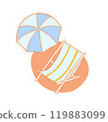 Summer flat concept. Beach chair and umbrella on beach. illustration vector 119883099