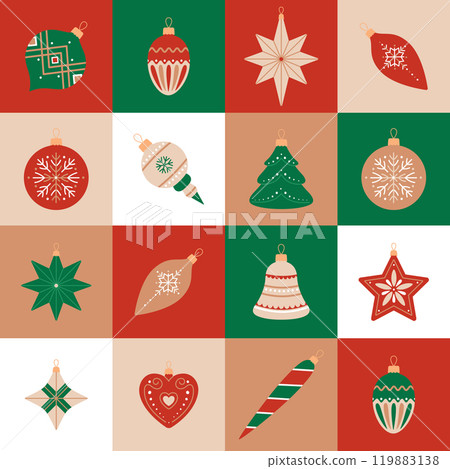 Mosaic seamless pattern with Christmas decorations. Geometric background with holiday ornaments, toys. Xmas design for greeting card, wrapping paper or poster Mosaic seamless pattern with Christmas decorations. Geometric background with holiday ornaments, toys. Xmas design for greeting card, wrapping paper or poster 119883138