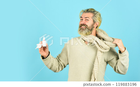Sick leave. Allergy treatment. Health problem. Runny nose recovery. Symptoms of cold. Medicines effective recovery. Fast recovery. Cold flu remedies. Man scarf hold nasal spray. Natural remedy 119883196