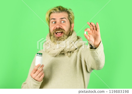 healthcare concept. Suffering from flu. coronavirus from china. just one pill can help. bio vitamin complex. disease treatment. taking pill at home. Medication or drugs abuse. selctive socus 119883198