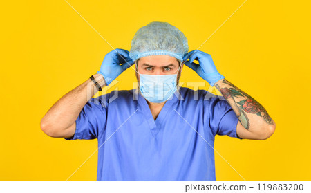 Beginning of virus outbreak. Man doctor uniform yellow background. Type of virus. Coronavirus concept. Expect virus to mutate. Human to human transmission. New viruses detected all the time 119883200