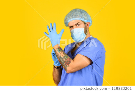 lets start. medical worker ready for vaccination. new virus immunity. coronavirus epidemic in China. healthcare. safety and hygiene. doctor surgeon wear rubber gloves. nurse in respirator mask 119883201