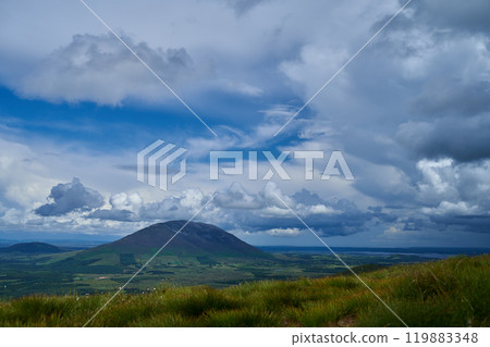 Cumulus or cluster clouds moving over a field with blue sky background in sunny weather in a wide angle shot Cumulus or cluster clouds moving over a field with blue sky background in sunny weather in a wide angle shot 119883348