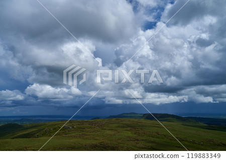 Cumulus or cluster clouds moving over a field with blue sky background in sunny weather in a wide angle shot Cumulus or cluster clouds moving over a field with blue sky background in sunny weather in a wide angle shot 119883349
