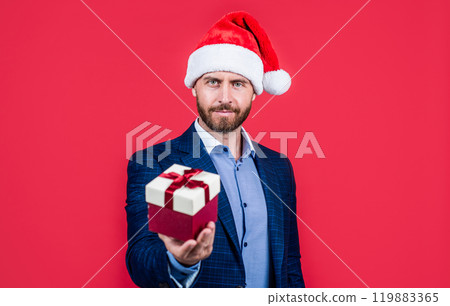 bearded man in formal wear hold present box. merry christmas. happy new year. xmas gift shopping bearded man in formal wear hold present box. merry christmas. happy new year. xmas gift shopping 119883365