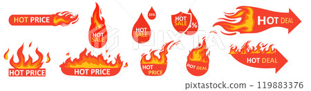Badges for hot sales. Flaming deal banner, hot discount price label, and promotional offer tag with a fire frame. Badges for hot sales. Flaming deal banner, hot discount price label, and promotional offer tag with a fire frame. 119883376
