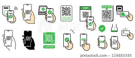 Set of icons for cashless payments and smartphone payments such as electronic money, QR code, hand payment. 119883385