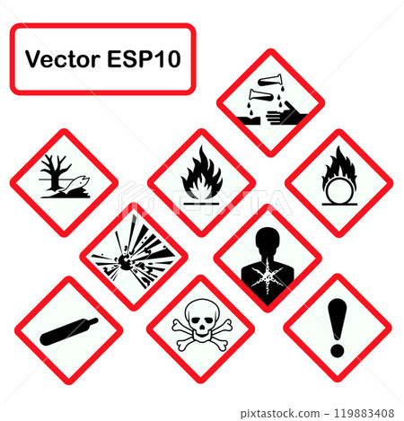 Globally Harmonized System GHS Warning Signs. Flame, gas cylinder, skull and crossbones. Globally Harmonized System GHS Warning Signs. Flame, gas cylinder, skull and crossbones. 119883408