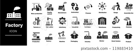 Factory icon set. Containing industry production machine manufacture warehouse. Vector illustration 119883410