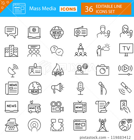 Mass media and Journalism solid icons collection. Containing customer press, news, journalist, mass media etc icons. 119883412