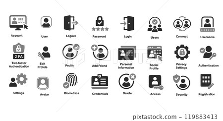 User account icon set. Containing profile, password, login, username, avatar, connect 119883413