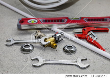 This collection includes tools like a wrench, cutter, and level 119883442