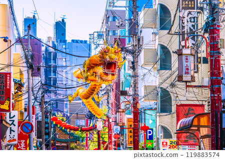 Yokohama cityscape in Japan: 2025 Chinese New Year lanterns and dragon lanterns displayed on Shanghai Road in Chinatown on November 3rd Yokohama cityscape in Japan: 2025 Chinese New Year lanterns and dragon lanterns displayed on Shanghai Road in Chinatown on November 3rd 119883574