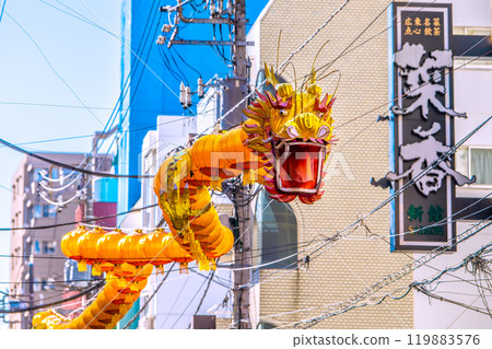 Yokohama cityscape in Japan: 2025 Chinese New Year lanterns and dragon lanterns displayed on Shanghai Road in Chinatown on November 3rd Yokohama cityscape in Japan: 2025 Chinese New Year lanterns and dragon lanterns displayed on Shanghai Road in Chinatown on November 3rd 119883576
