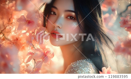 A striking portrait of a woman with long dark hair, golden eyeshadow, and a floral tattoo on her shoulder, beautifully framed by soft peach orchids and glowing light. 119883595