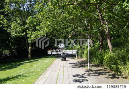A man in a wheelchair rides along the road in the park. 119883739