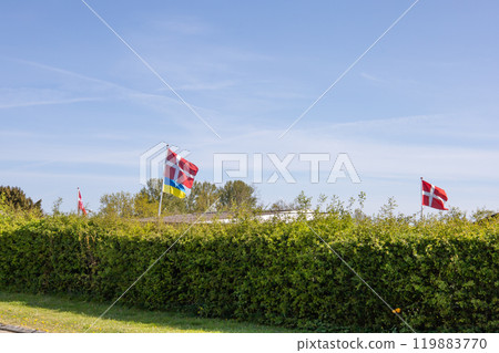 Danish flag and Ukrainian flag against the blue sky. 119883770