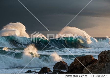 Colorful ocean wave. Sea water wave shape. Sunset light and beautiful clouds on beach background. AI Generated 119883846