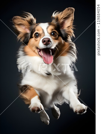 A playful, energetic dog leaps toward the camera with fluffy fur and wide, expressive eyes, captured mid-jump against a dark background. Its tongue hangs out happily. 119884054